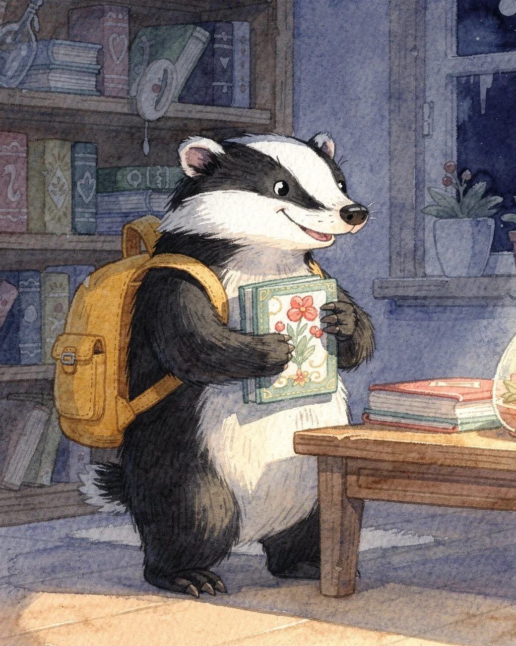 Illustration for page 6 of “The Saffron-Backpack Badger”
